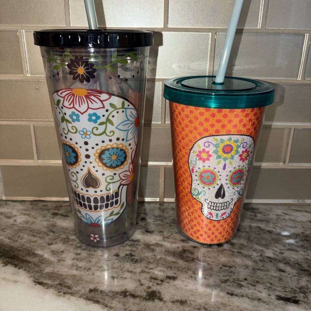 NWOT Double-Wall Sugar Skull Travel Tumbler with Straw - Multicolor